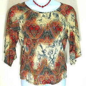 Top short sleeves stretchy paisley scroll print pullover brown cream red